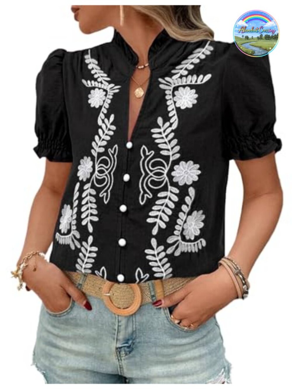 Women's Casual Ruffle V Neck Puff Short Sleeve Button Down Embroidered Blouse